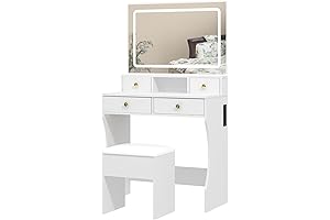 Vanity Desk Set with Adjustable LED Lighted Mirror and Stool