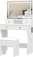 Vista 8 de Panana Juego de escritorio de tocador con espejo iluminado LED ajustable, tocador de maquillaje para niñas con taburete y 4 cajones