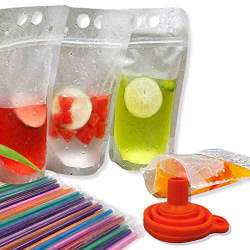 IMISUTD 50 Pcs Drink Pouches with Straws, 500ML Juice Pouches bags with 50 Drink Straws, Double Zipper Stand-Up Smoothie Bags for Cold & Hot Drinks with Silicone Funnel