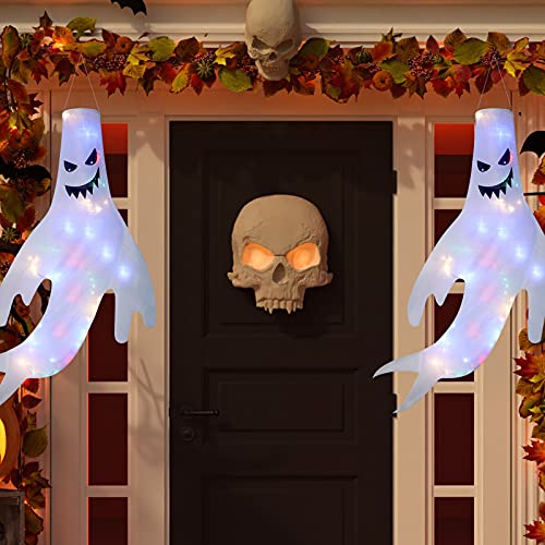 Tegeme 4 Pieces Halloween Ghost Windsocks Decoration Hanging Windsocks Flag with Led Light Halloween Outdoor Decor for Yard Patio Lawn Porch Garden Trees Party Supplies