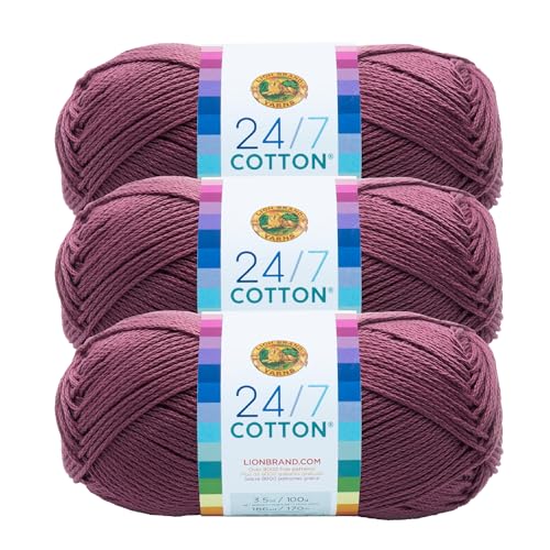 Image of Lion Brand Yarn, 24 /7 Cotton Yarn, Lilac, Purple, 3 Pack | Light Worsted 100% Mercerized Cotton Yarn for Crochet, Knitting, Craft, 185 Yards of Natural Fiber for Tees, Bags, Dishcloths