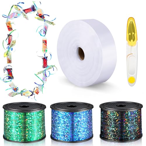 Berlune Candy Lei Making Kit for Graduation Party Favor Include 2 in x 1000 ft Poly Tubing 3 Rolls Curling Gift Ribbon 300 Yd/ 900 ft and Scissor for Hawaii Tropical Wedding DIY(Black Green Blue)