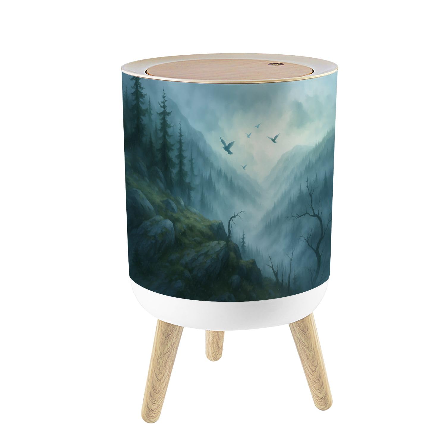 Small Trash Can with Lid Green Forest Woodland Nursery Room Pine Trees Mountains Fog Birds 1.8 Gallon/7L Garbage Can Waste Bin with Press Top Lid Legs Waste Basket for Bathroom Kitchen Bedroom