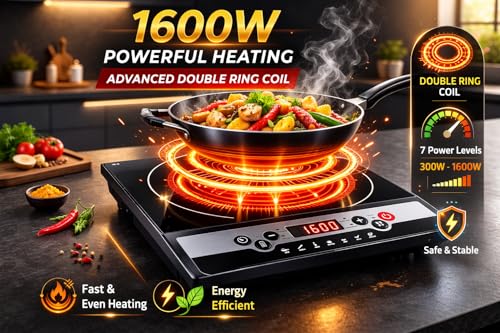 Image of 1600W Induction Cooktop with 4-Digit LED Display | Double Ring Coil Heating | Microcrystalline Glass Top | 240 Min Timer | 6 Cooking Modes | 7 Power Levels | Auto Cut-Off Safety | 1 Year Warranty