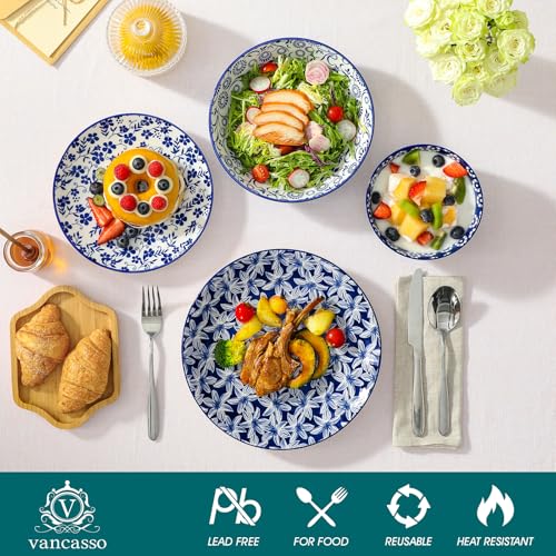 Geschirrset 6 Personen, vancasso Serie SELENE 24-tlg Hochwertiges Keramik Geschirr set Tafelservice aus Porzellan Blau-Weiß Geschirrsets mit Speiseteller, Salatteller, Suppenteller und Schüsseln