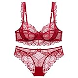 Necalisi büstenhebe Damen Weinrot Damen Spitzen Set Spitze BH und String Push Up Bügel BH Ungepolstert Unterwäsche Lingerie BH Push up 80B