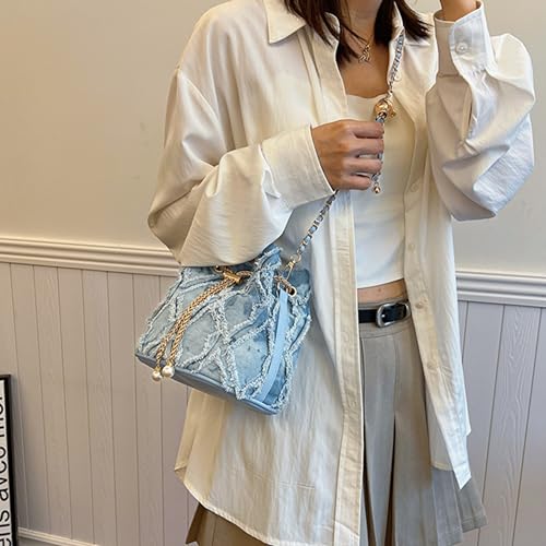 Image of Women Denim Mini Bucket Shoulder Crossbody Bag Drawstring Quilted Distressed Tassel Barrel Shape Satchel Purse