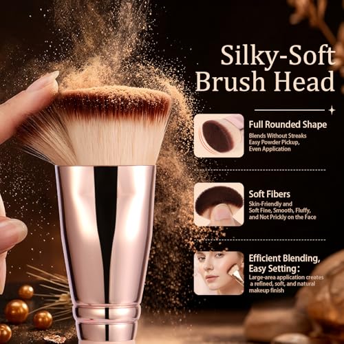 Image of Flat Top Foundation Brush for Liquid, Cream and Powder Foundation, Dense Makeup Brush for Buffing, Stippling, Concealer and Contour, Pink Handle Rose Gold Ferrule