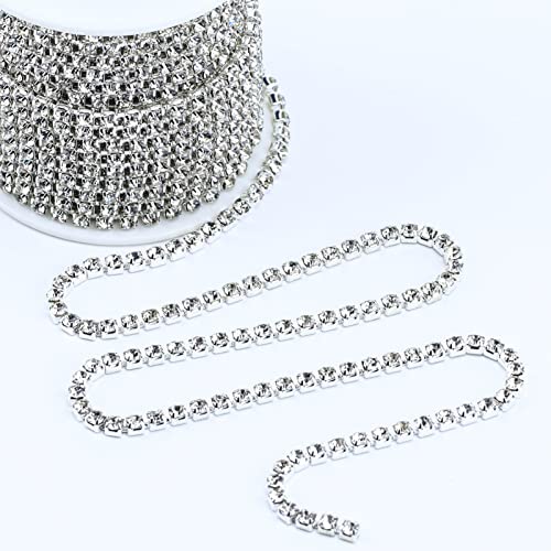 Dowarm 10 Yards 4MM Crystal Rhinestone Chain Trim for Sewing Crocs Shoes, SS16 Rhinestone Chain for Craft Cups Jewelry Wedding Bouquet DIY Decoration, Sewing Close Chain Trim, Silver