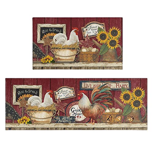 Cocobelin Farmhouse Kitchen Rugs Set Of 2, Non-Slip Washable Kitchen Mats, Vintage Farm Rooster Kitchen Mats For Kitchen Sink Front, 17X30+17X47 Inches #TOP7