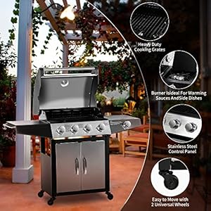 MASTER COOK Gas Grill, BBQ 4-Burner Cabinet Style Grill Propane with Side Burner, Stainless Steel MASTER COOK Gas Grill BBQ 4 Burner Cabinet Style Grill Propane with Side Burner Stainless Steel