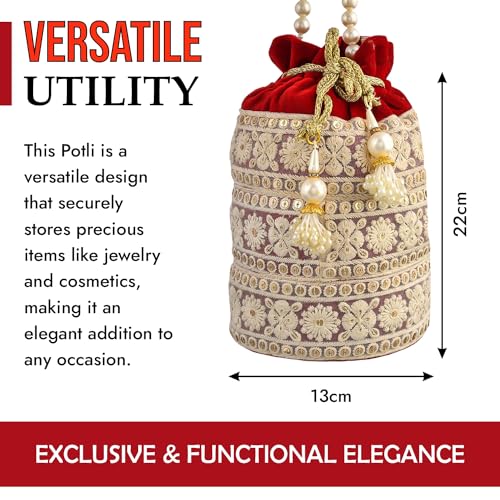 Image of Kuber Industries Potli | Velvet Wedding Potli | Beads Handle Potli | Wallet Potli | Christmas Gift Potli | Baby Shower Potli | Lucknowi Potli | Embroidery Potli | Red
