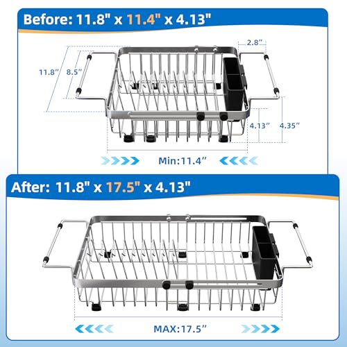 romision Expandable Dish Drying Rack Over The Sink Small Metal Stainless Steel Plate Holder for Compact Kitchen, Space Saving Modern Silver Hanging Drainer