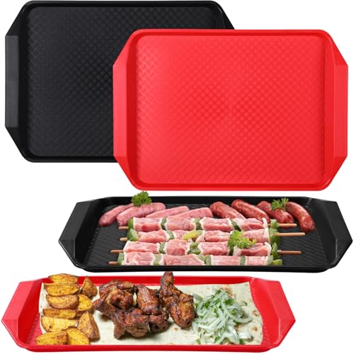 DoubleFill Set of 4 Grilling Prep and Serve Trays, 17x12 Inch Large BBQ Platter for Raw and Cooked Food, Cooking Meat Plastic Grilling Trays, Black and Red Stackable Defrosting Prep and Carry System