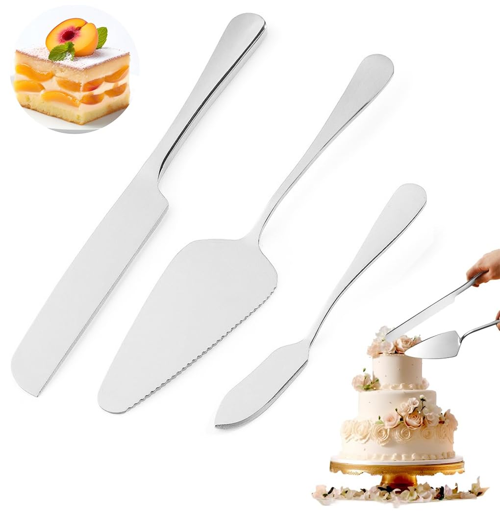 Aowin Cake Cutting Set 3PCS Cake Cutting Set for Wedding, Premium Stainless Steel Cake Knife and Server Set, Cake, Bread, Pizza and Pie Cake Cutter Perfect for Weddings, Birthdays, Parties - Silver