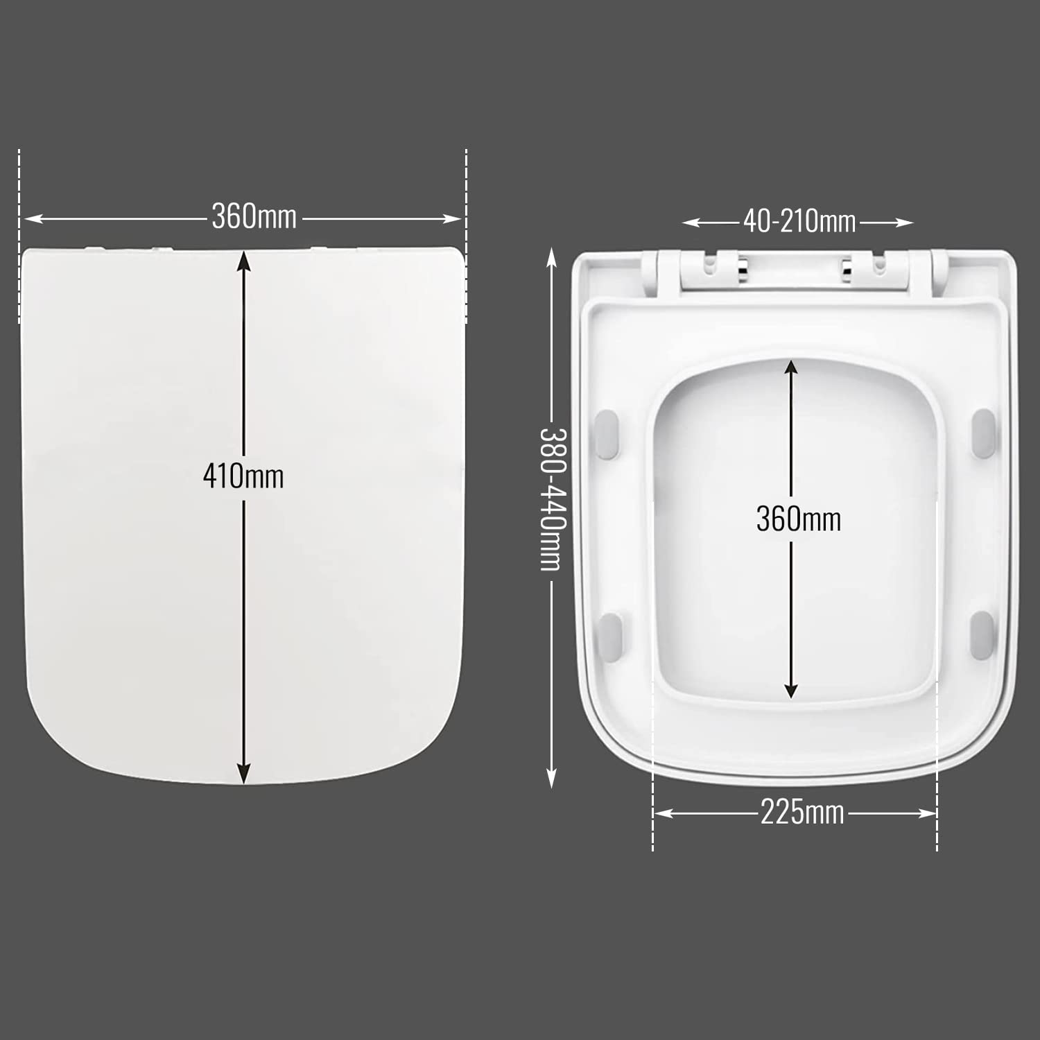 Asiento de Inodoro Cuadrado con Cierre Suave y Bisagras Ajustables de Acero Inoxidable – Tapa con Liberación Rápida, Fácil Limpieza y Fijación Universal para la mayoría de Inodoros, Blanco