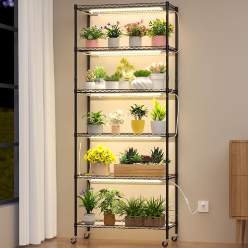 Image of Plant Shelf with Grow Light, DIY 6-Tier Plant Stand with Grow Light, Adjustable Rack and Wheels, 8 Pack 24 inch 192W T8 Full Spectrum Grow Lamp for Indoor Plants, Seed Starting, Vegetable, 29 inchx13.5 inchx73.5 inch
