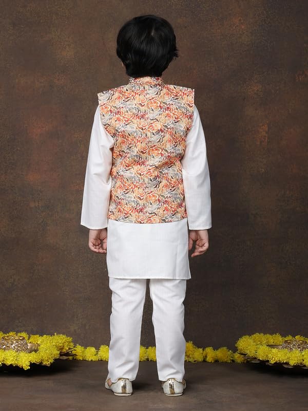 Image of superminis Boys Cotton Printed Full Sleeves Kurta Pyjama with Jacket Ethnic Wear Set