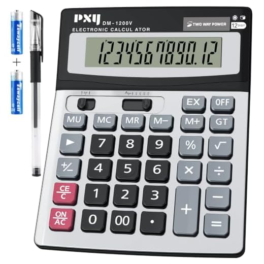 Desk Calculator 12 Digit Extra Large LCD Display, Touch Comfortable with Big Buttons, PXY Two Way Power Battery and Solar Standard Function Office Calculators