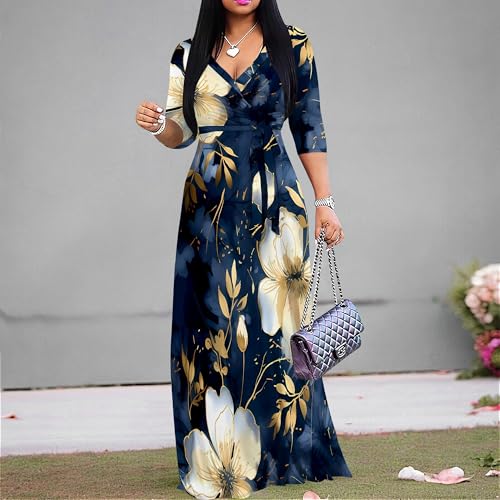 Image of PinkPatty Plus Size Maxi Dress for Women Casual V Neck 3 /4 Sleeve Boho Printed Long Dress with Pockets