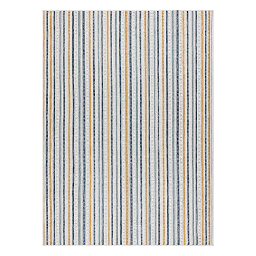 rugsx Teppich SISAL Cooper Streifen, ETNO Innen & Außen Hochwertiges Flachgewebe Schlafzimmer/Terrasse/Balkon Ecru/dunkelblau 80x150 cm