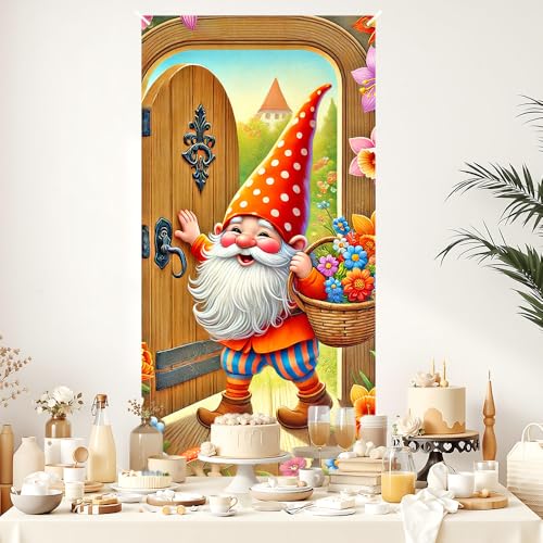 Image of Spring Gnome Door Cover 35x71in Flower Basket Mushroom
