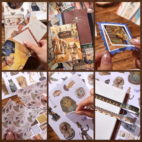 Image of Scrapbooking Supplies Kit, Egyptian Vintage Aesthetic Scrapbook Kit for Bullet Junk Journal, Ancient Egypt DIY Journaling Supplies with Hieroglyph, Pharaoh, Pyramid, Unique Gift for Teens & Women