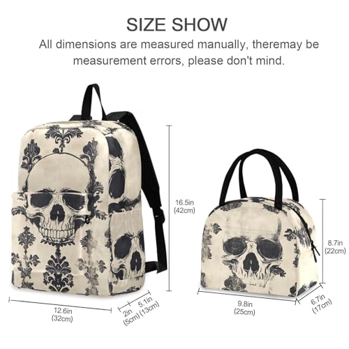Backpack Lunch Box Set Large Capacity Travel Backpacks and Insulated Lunch Bag for Commute Hiking Picnic Retro Skull Pattern Print2