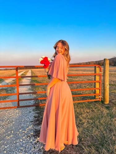 Women's Flutter Sleeves Chiffon Bridesmaid Dresses Long with Slit Ruched A Line Formal Dress with Pockets VS1754