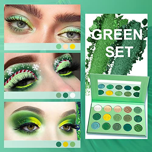 Rechoo Green Eyeshadow 15 Color Forest Emerald Green Nude Yellow Lime Colorful Eye Shadow Matte Glitter Palette Highly Pigmented Ultra-Blendable Satin Smooth Makeup Pallet #TOP2
