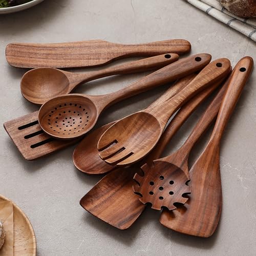 Wooden Spoons for Cooking, 12 Pcs Teak Wood Kitchen Utensils Set with Spoon Rest - Nonstick Heat Resistant Wooden Cooking Utensils, Natural Healthy Spatula Set for Pots and Pans - Image 5