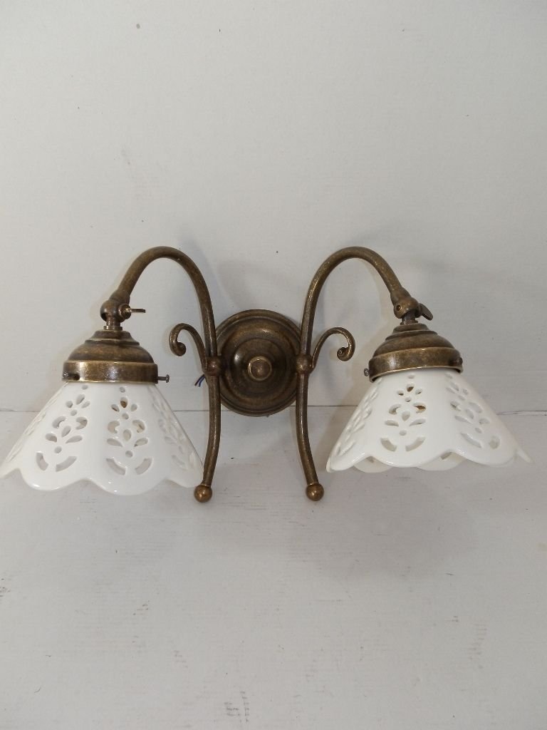 Two Light Brass Wall Light with White Ceramic Perforated