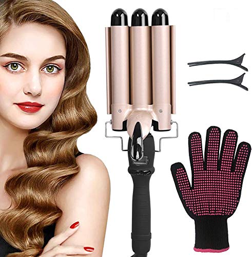 3 Barrel Curling Iron, Sisnvan Hair Curling Iron 1inch Crimper Hair Iron Ceramic Tourmaline Hair Waver Curling Wand Dual Voltage Hot Tools Curling Iron with LCD Temperature Display