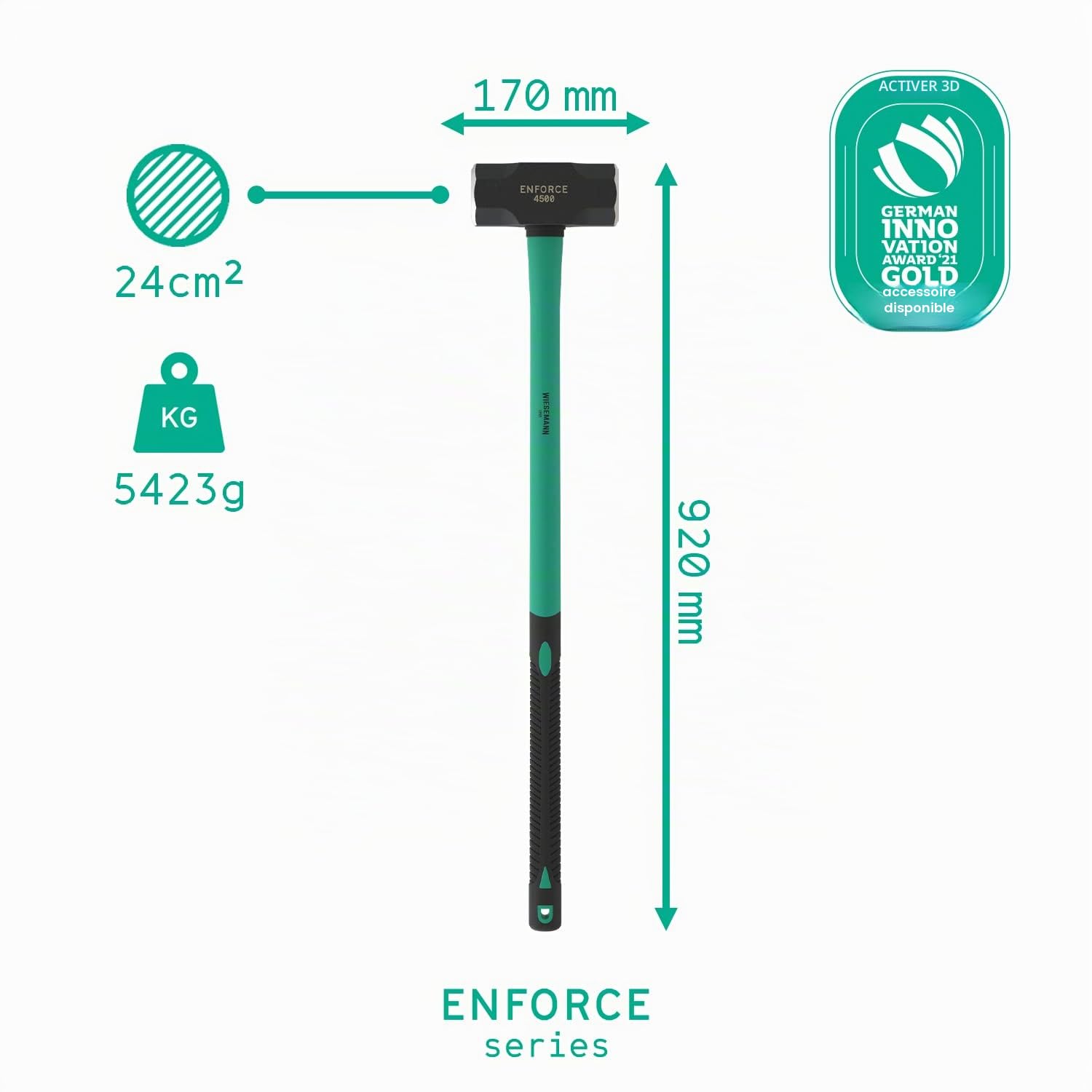 Très grande masse 10LB/4500 g avec manche de 92 cm en fibre de verre 2K par WIESEMANN 1893 | gamme ENFORCE | tête forgée et trempée par induction | 80485