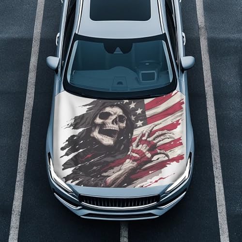 Image of American Flag Skull Design Car Hood Cover Stretchable Car Hood Wrap Blanket Waterproof Automotive Accessories for Compact Sedans SUV Trucks Minivan (59x39 Inch)