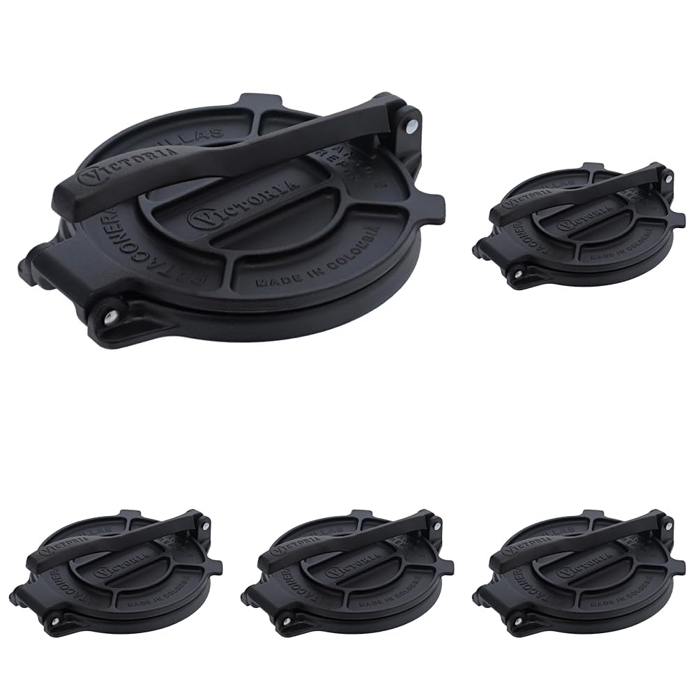 Victoria 8 Inches Cast Iron Tortilla Press,Roti Maker and Tortilladora,Pataconera Seasoned with Flaxseed Oil,Made in Colombia,(Pack of 5)