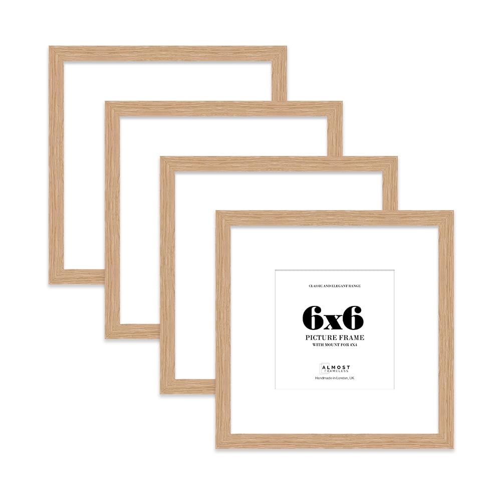 6x6 Oak Picture Frame with Mount for 4x4 Photos, Prints - Modern Square Wall Frame, Set of 4