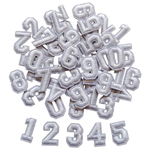 Zlettery 50pcs Iron on Number Patches 1 inch 5 Sets of 0-9 Embroidered Small Number Patches for Clothing Jackets Hats Backpacks Jeans White