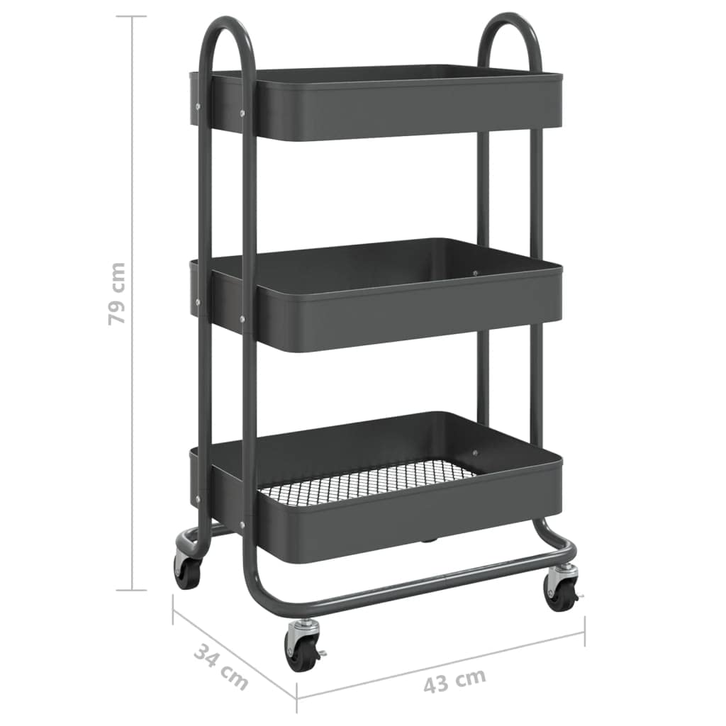 Carro de 3 niveles antracita acero 43 x 34 x 79 cm móvil con ruedas y frenos, carrito de cocina con espacio de almacenamiento, carrito auxiliar para estación de trabajo y almacenamiento