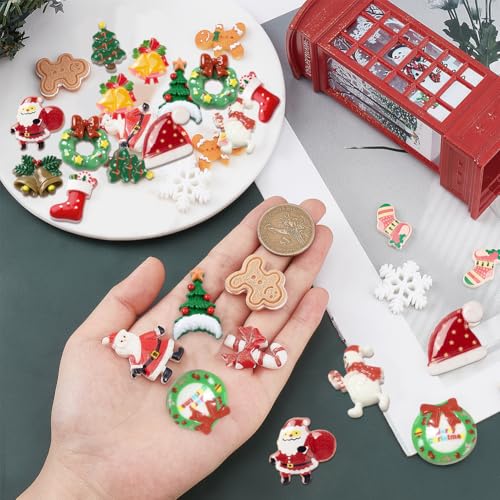 SUNNYCLUE 32Pcs 16 Style Christmas Cabochons Flatback Christmas Resin Embellishments Santa Claus Snowman Jingle Bells for Christmas Decorations Gingerbread Scrapbooking Snowman Xmas Gift Box Decor - Image 3