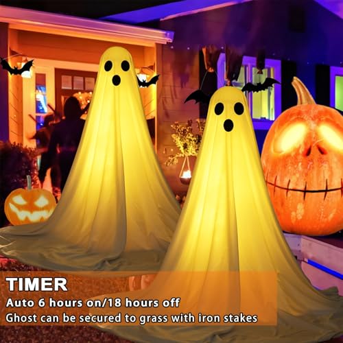 [Timer] 2Packs Halloween Decorations Outdoor, Cute Halloween Decorations Indoor, Spooky Ghost Halloween Decor with Witch Hat, Scary Ghosts Decor with LED Lights for Front Porche Yard Garden Home2