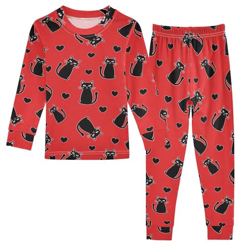 Pajama Sets Long Sleeve Black Cats Red Background Soft Comfy Sleepwear 2 Piece PJS 3-8T