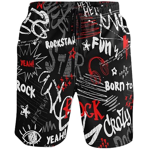 visesunny Men's Swim Trunks Headphone Spray Paint Words Rock Star Quick Dry Bathing Suits Beach Swim Shorts