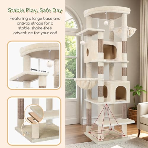Image of Globlazer Heavy Duty Cat Tree, 74in Sturdy Cat Tower for Large Cats Adult, Big Cat Tree with 7 Sisal Scratching Posts, 2 Padded Condos, 2 Dual-Ear Hanging Baskets, Enlarged Top Perch, S74, Beige