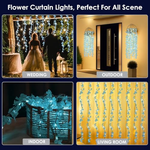 Image of Gesto Artificial Flower Curtain LED String Lights - 200 LED Warm White Fairy Lights with 8 Modes | AC Plug Mesh Curtain Lights for Balcony, Bedroom,Home,Diwali Decoration,Blue Hanging Lights (10x3 Ft)