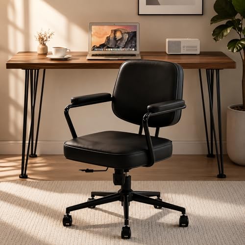 Image of Home Office Chair, Ergonomic Desk Chair with Lumbar Support, Adjustable Height Rolling Swivel Task Chair with Armrests, PU Leather, for Meeting,Study Room Black