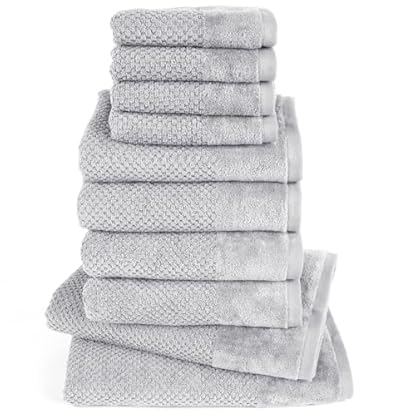 Pure Label 10-TLG. Handtücher Set mit Aufhängeschlaufen aus 100% Baumwolle, saugstark und weich - 2X Badetuch (70x140 cm) 4X Handtuch (50x100cm) 4X Gästetuch (30x50 cm), Hellgrau