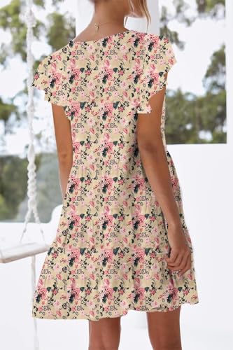 Image of nclook Womens Summer Casual Dresses Sweet Cute V Neck Mini Dress with Pockets Ruffle Short Sleeve