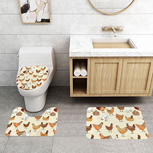 DEPILA Badezimmer 3-teiliges Badezimmerteppich-Set mit Hühnermusterdruck 3-teiliges Badezimmerteppich-Set Badematte + Kontur + Toilettendeckelbezug Badezimmer-Antirutsch-Pad Sets – Bild 4