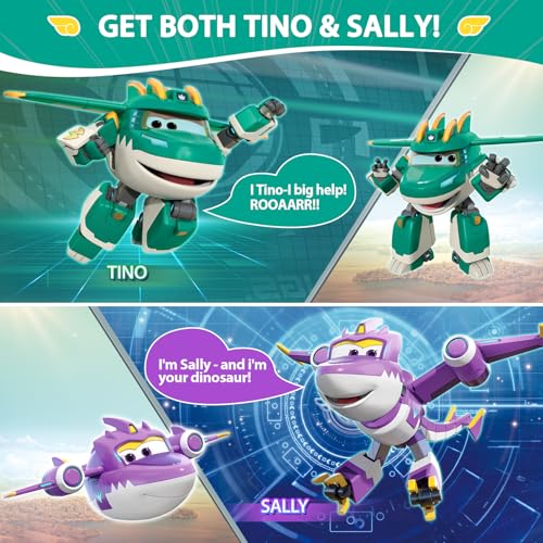 Super Wings Transformable Toys, 5 in Sally and Tino Dinosaur Airplane Transfomming Figures Toys Set, 2 in 1 Mode Rescue Bots Toy for 3-5 Year Old Boys Girls, Plane Toy for Toddlers Kids Age 3 4 5 6